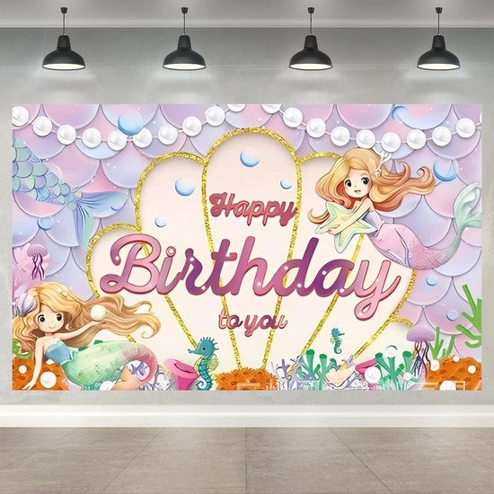 Decorazioni di compleanno per bambine tema mare - Retroilluminato 180x110cm - Sfondo per foto - Decorazione di compleanno per bambine - Poliestere - Decorazione impressionante - Decorazione di compleanno