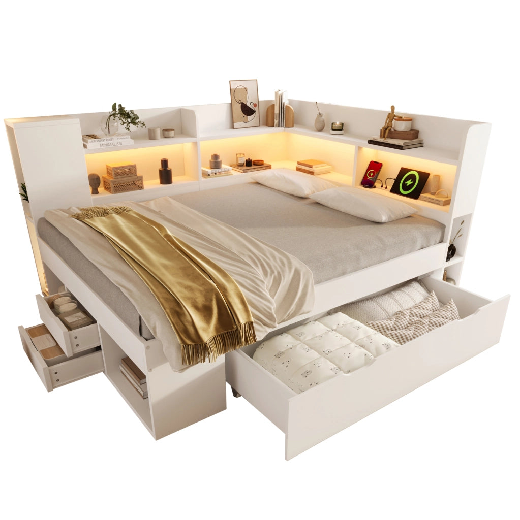 Letto da giorno 140x200 cm bianco con LED, ricarica USB/Type-C, cassetti e ripiani