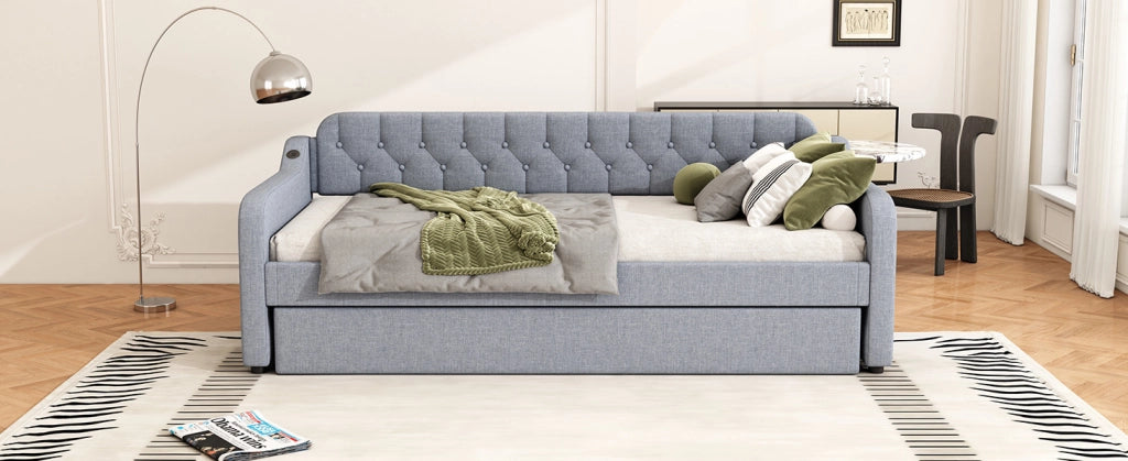 Divano Letto Estraibile con Letto Supplementare 90x200 cm, USB, Grigio