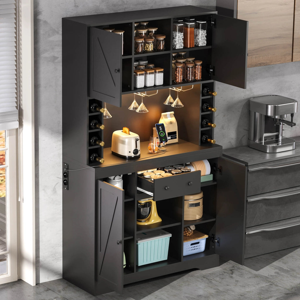 Credenza con ripiani regolabili; cassetto e LED - per cucina - in MDF - 105×40×180 cm - nera