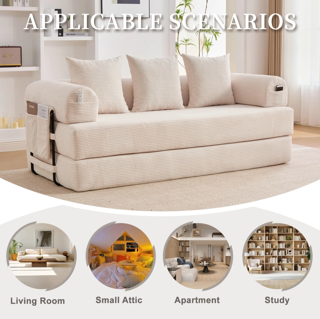 Divano modulare in velluto a coste beige con 3 cuscini; tasca laterale; 200x94x67 cm
