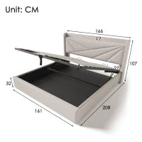 Struttura Letto Matrimoniale in ferro con Contenitore e USB-C, testiera imbottita con spugna morbida,140x200 cm, Beige