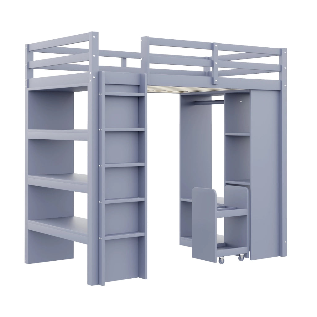 Letto a soppalco singolo 90×200 cm con ripiani; appendiabiti e carrello estraibile; senza materasso; legno; grigio