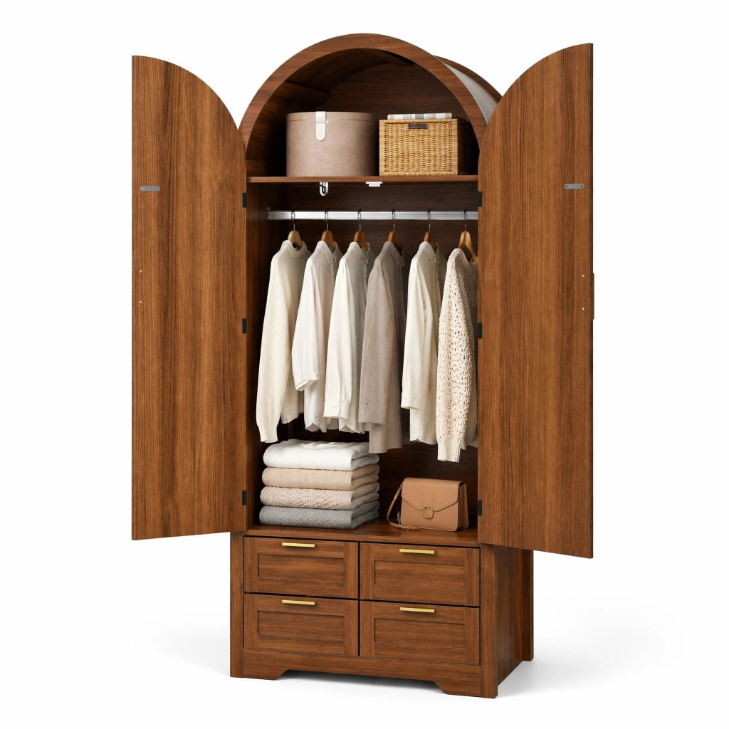 Armadio guardaroba con ante curve e rattan; 80x50x179 cm; MDF color noce