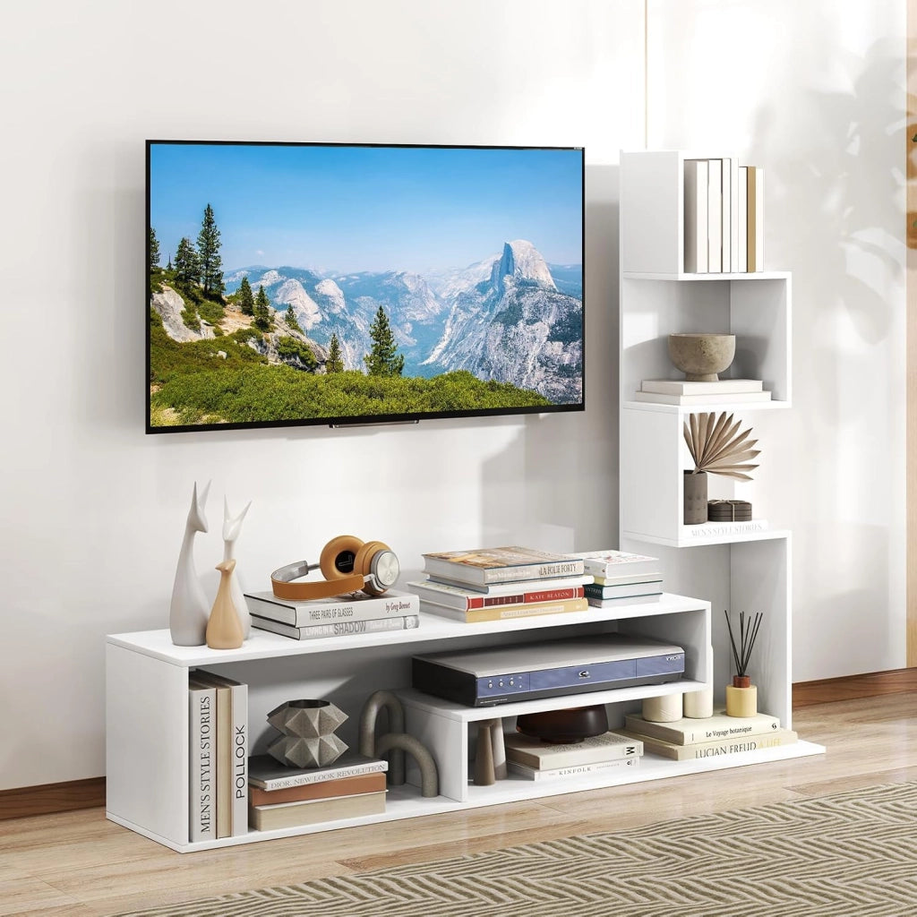 Mobile TV Soggiorno con Mensole a Forma di L e Scomparti Aperti, Mobiletto Multifunzione per Televisione fino a 50”, Mobile Porta TV e Libri in Legno per Camera da Letto, Ingresso (Bianco)