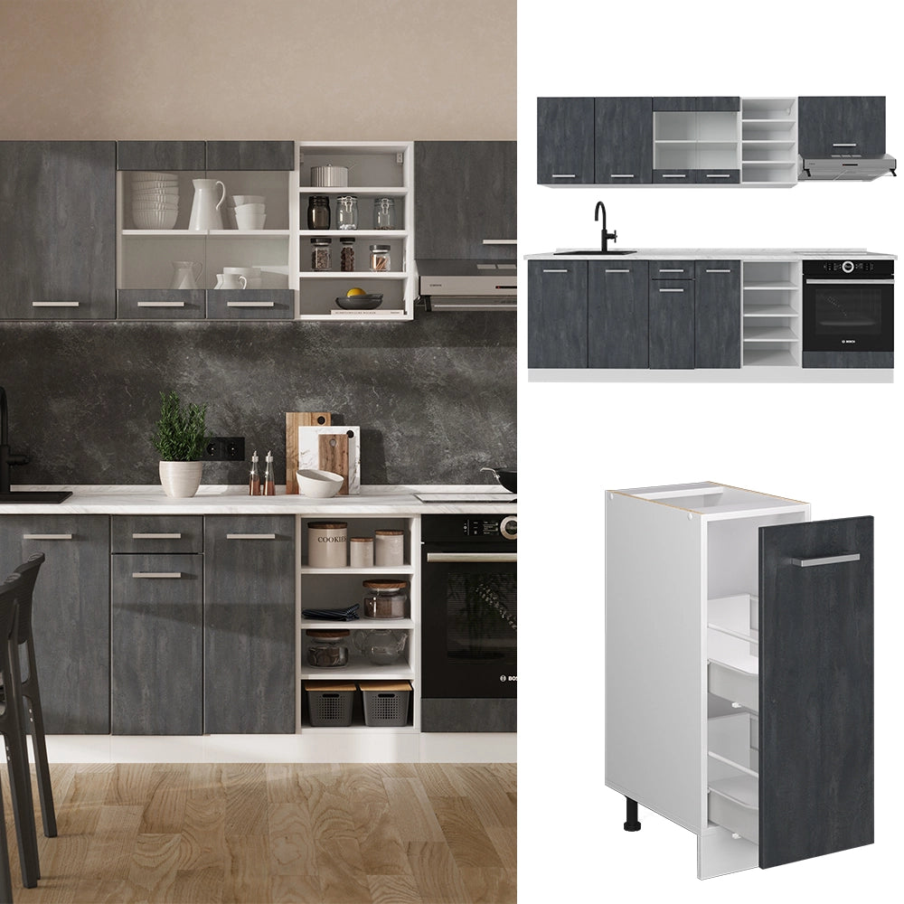 Vicco Cucina componibile Nero cemento/bianco 240 cm senza piano di lavoro