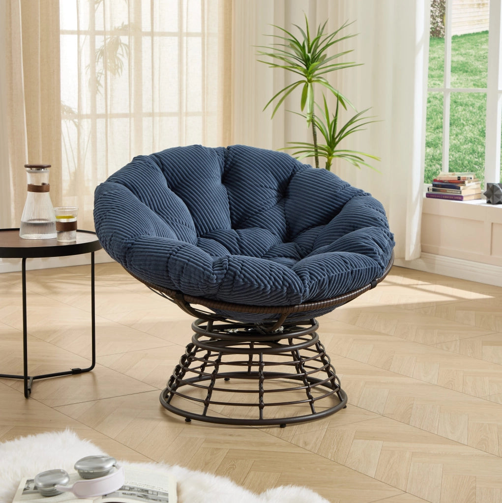Poltrona Papasan girevole 360° con cuscino blu navy