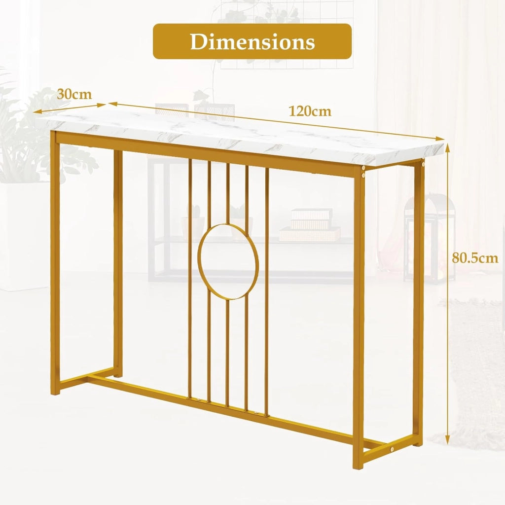 Tavolo Console da ingresso, ingresso stretto con piano in marmo imitazione e struttura in metallo dorato, tavolo laterale da 120 cm per corridoio, soggiorno, 120 x 30 x 80,5 cm