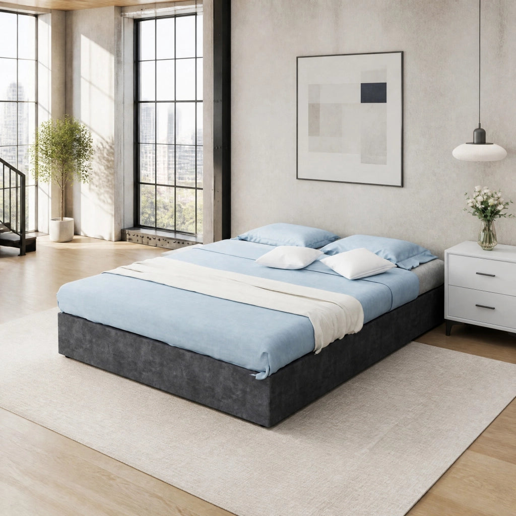 Letto 140 × 200 cm con rete a doghe rivestito in tessuto grigio