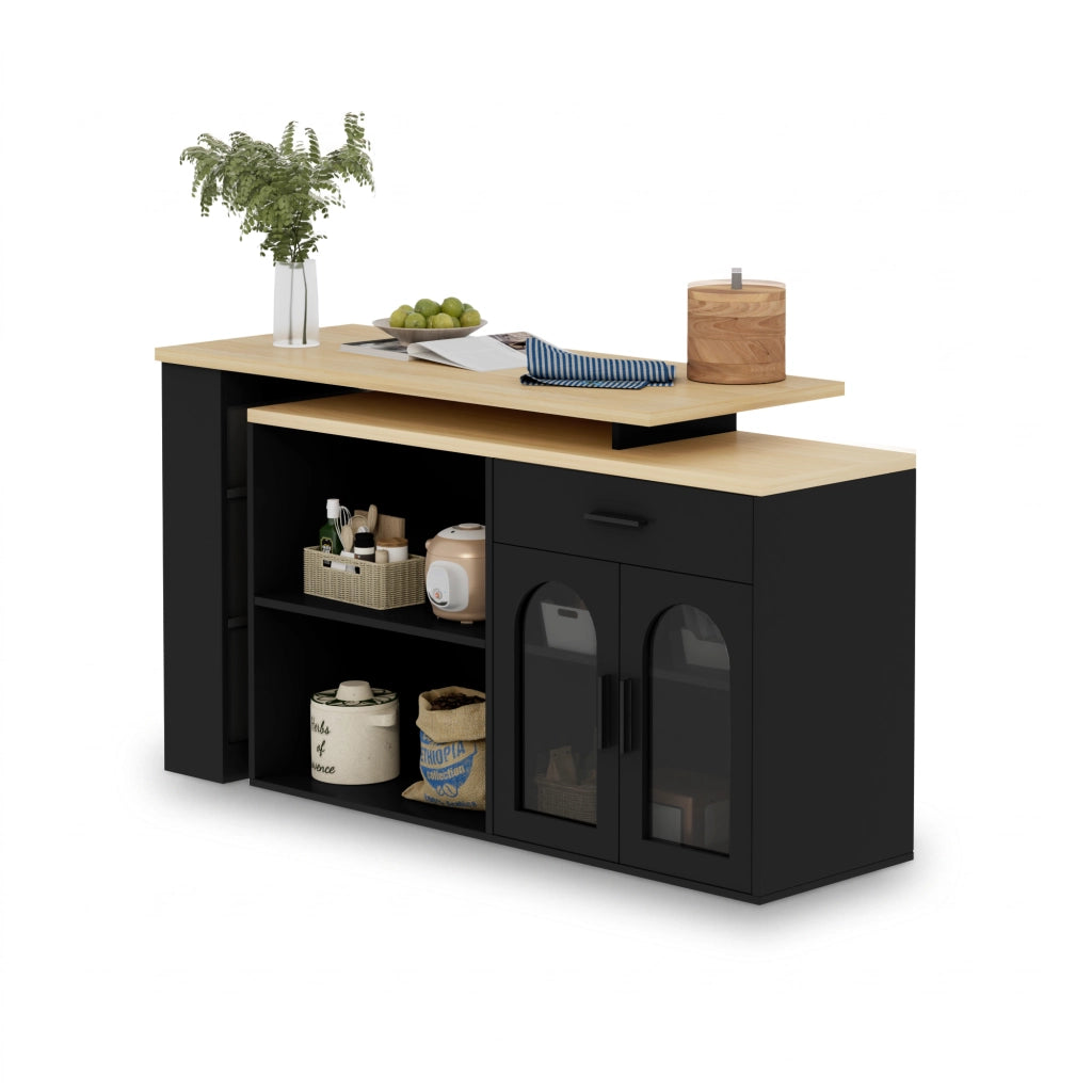 Isola da Cucina 136x50x78 cm Nera e Legno con Tavolo Girevole 360°, Cassetto, Ripiani e Vetro