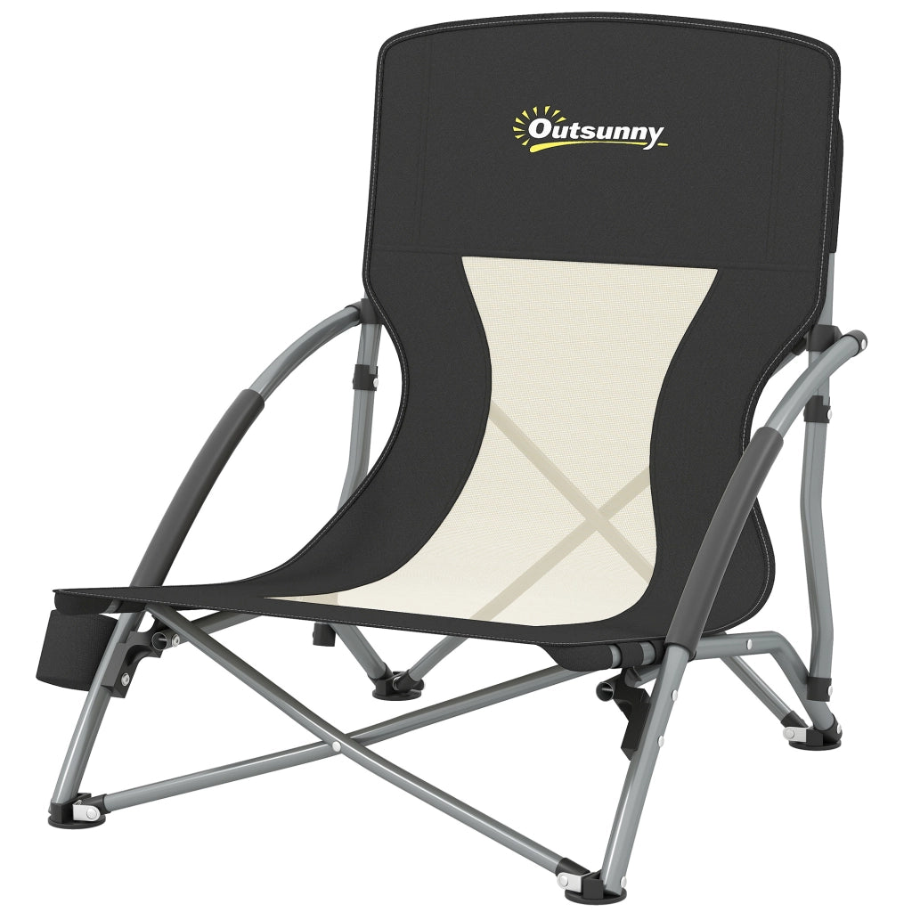 Sedia da Spiaggia Pieghevole con Schienale a Rete e Portabicchieri, in Metallo e Tessuto Oxford, 58x55x62 cm, Nero