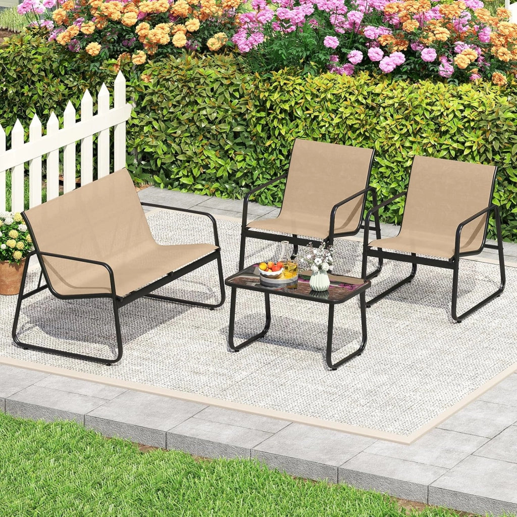 Set Tavolo e Sedie da Giardino 4 Pezzi, Tavolino in Vetro Portato 50 kg, Sedie Portata 150 kg, Panca Portata 300 kg, Set Bistro in Tessuto Textilene, per Cortile Terrazza Piscina (Marrone)