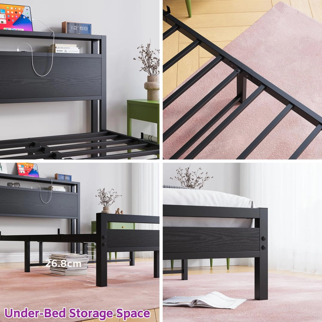 LETTO 140x200 cm con contenitore, metallo e MDF, nero, USB e LED