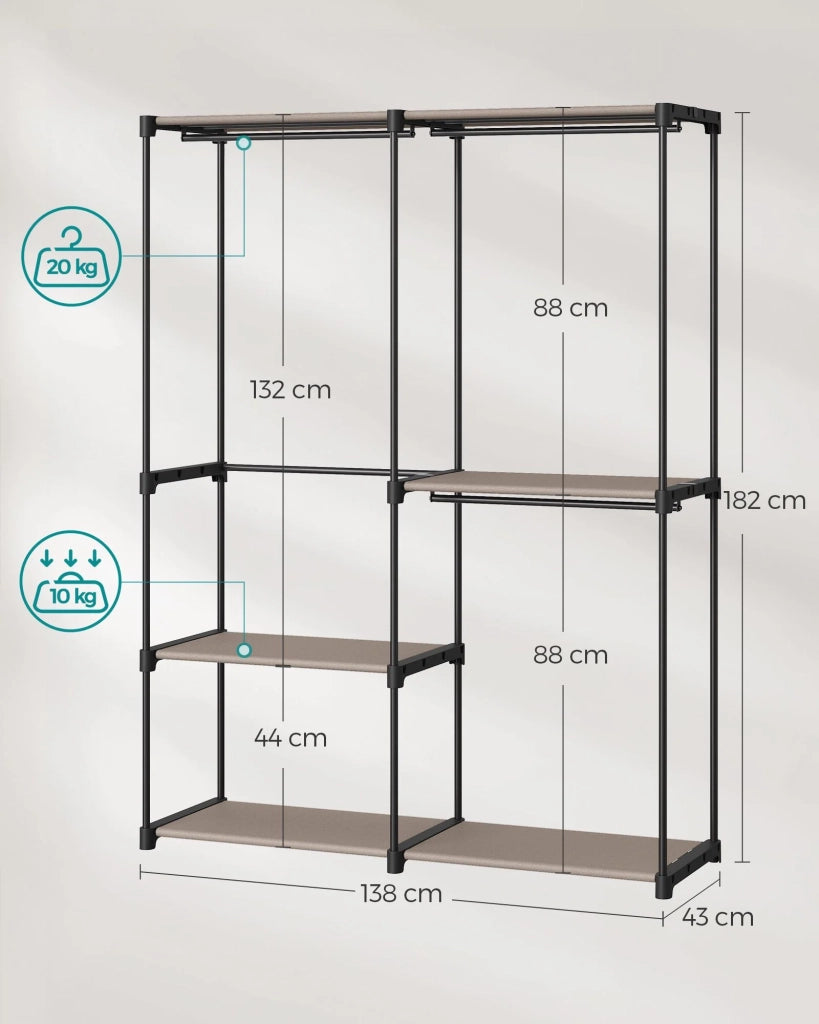 Armadio appendiabiti 43 x 138 x 182 cm 3 scomparti appendiabiti con ripiani grande capacità per camera da letto per adulti camera da letto per bambini soggiorno spogliatoio nero 12_0003976
