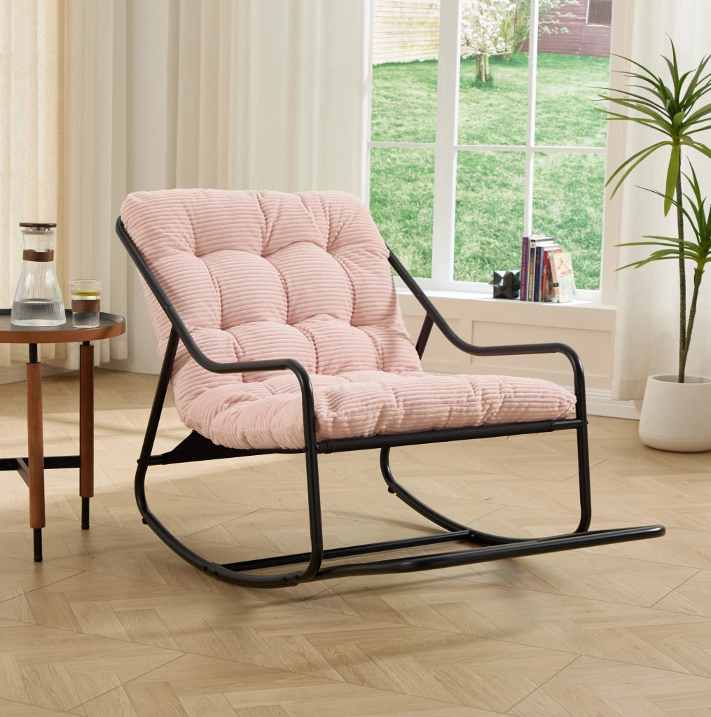 Sedia a dondolo da esterno con cuscino spesso; struttura in acciaio nero e seduta rosa 75x116x82 cm