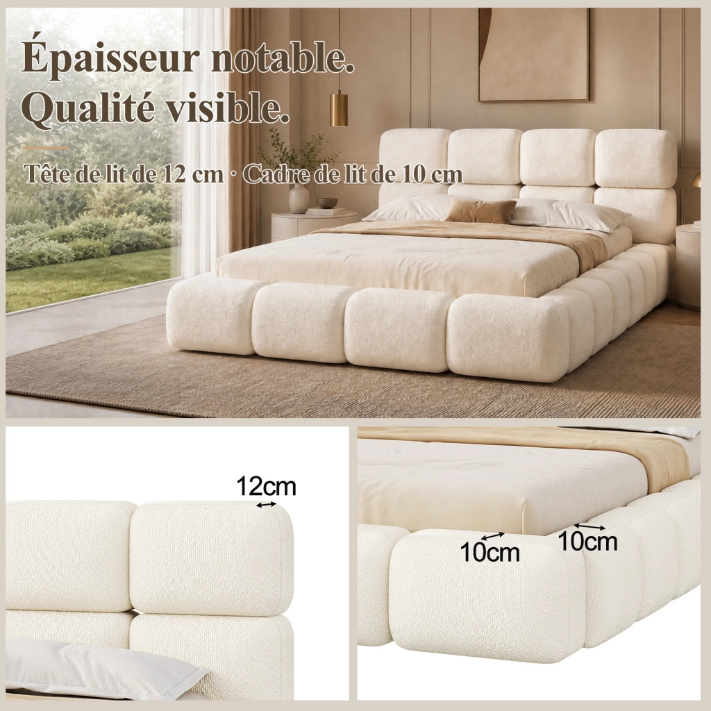 Letto matrimoniale imbottito 180x200 cm design nuvola con testiera imbottita e rete a doghe; bouclé bianco