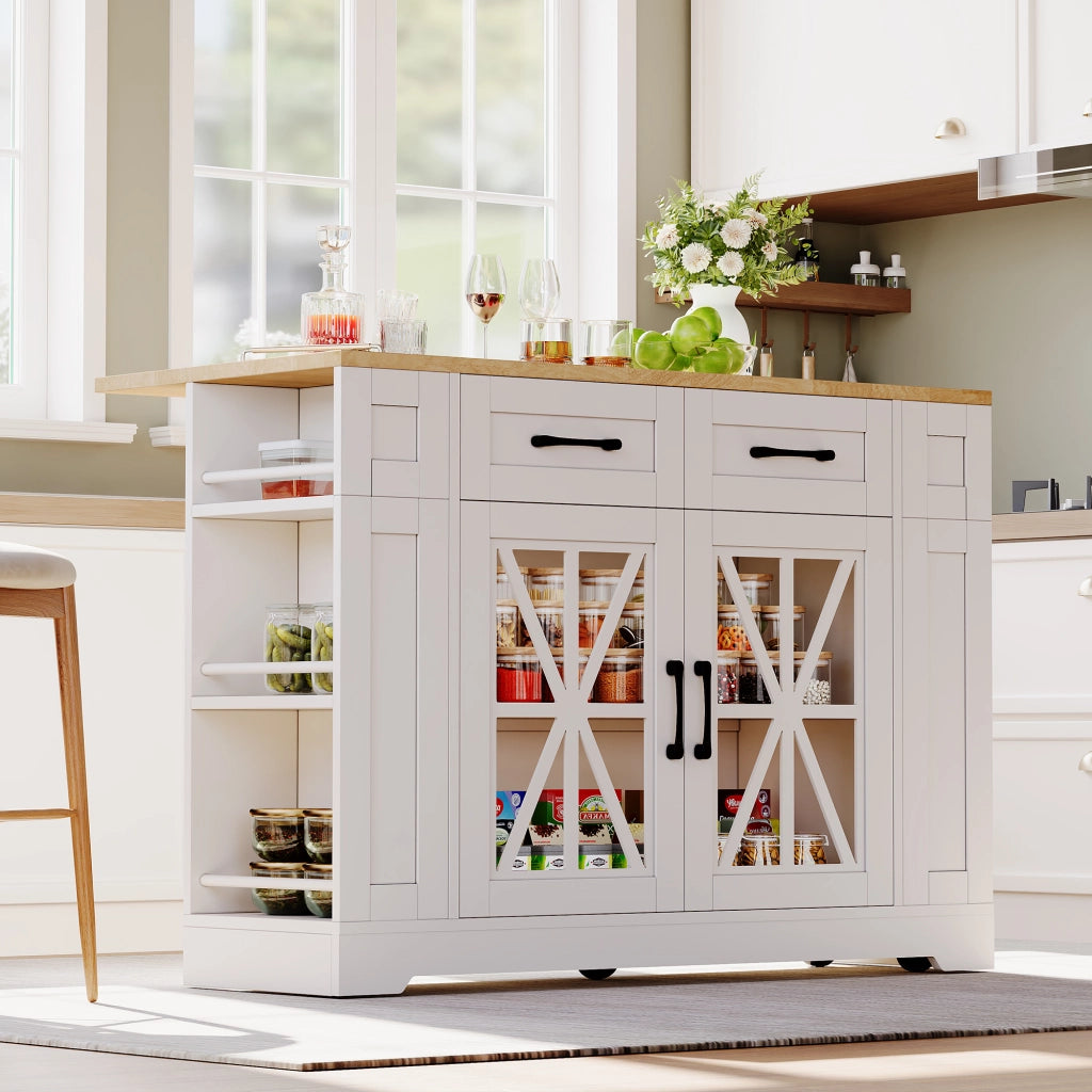 Carrello isola cucina con piano ribaltabile, 2 prese AC, 2 USB, ante in vetro e ruote frenanti
