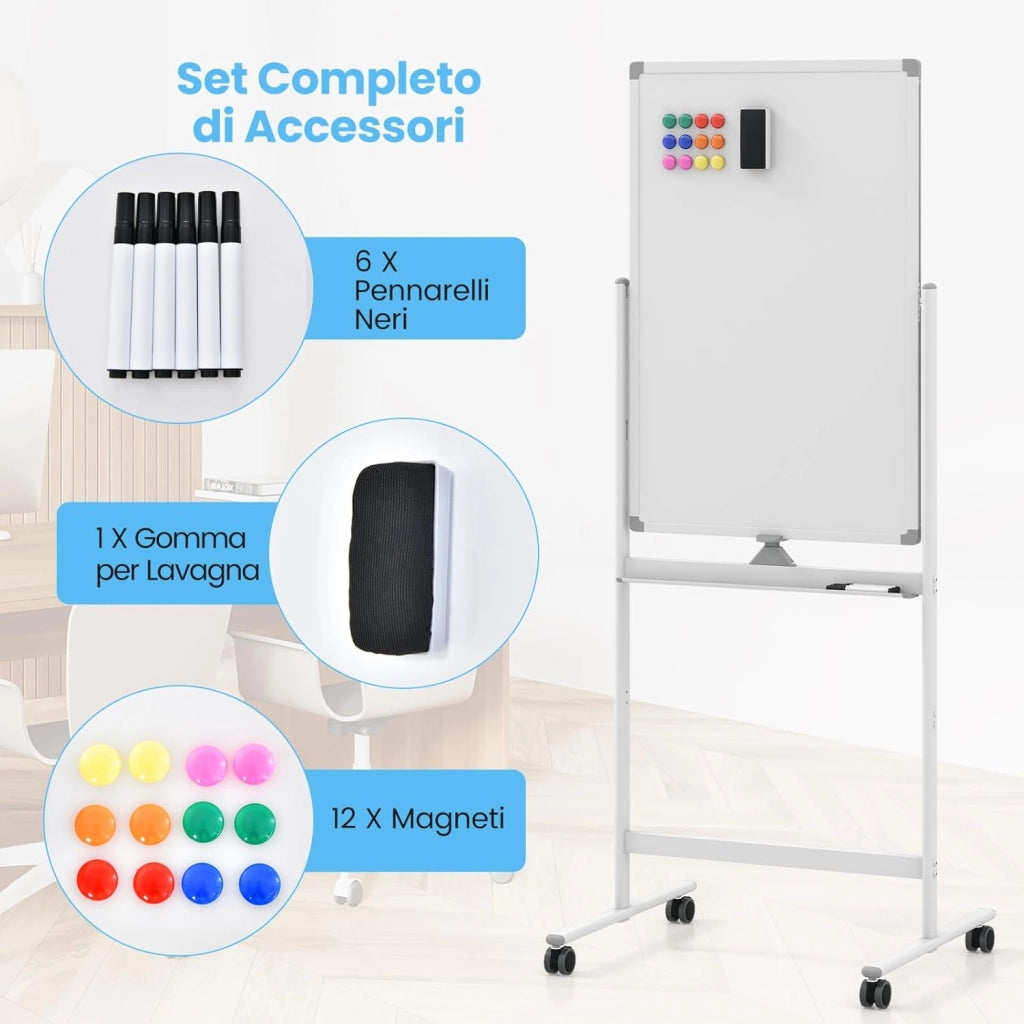 Lavagna Bianca Portatile con Ruote, Lavagna Bianca Regolabile in Altezza, Lavagna a Secco Reversibile per Scuola, Ufficio, Casa (Bianco)