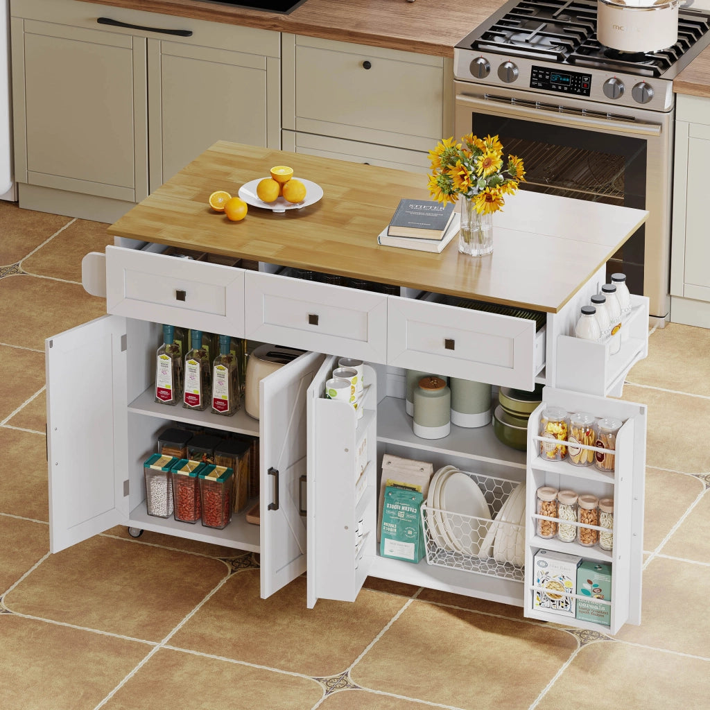 Isola da cucina con piano ribaltabile, 4 ante e 3 cassetti, bianco e naturale, 140x43(70)x90,5 cm