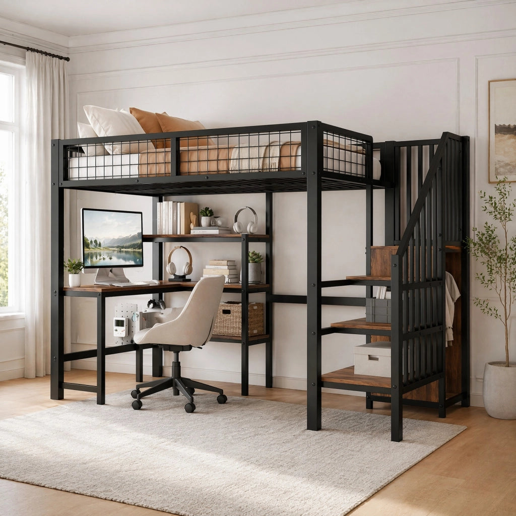 LETTO a soppalco 90x200 cm in metallo e MDF nero/marrone con scrivania