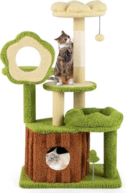 Albero per Gatti, Albero Tiragraffi per Gatto con Condominio Tronco, Trespolo a Fiore, Letto Morbido, Pompon, Giocattolo a Molla e Piattaforme, Tiragrafffi per Gatti da Interno