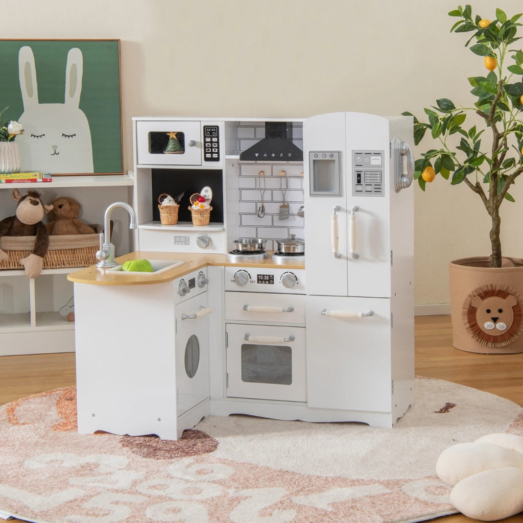Cucina ad angolo per bambini con lavelli fornelli cappa telefono frigorifero, Cucina gioco educativo Bianco-Cucine giocattoli