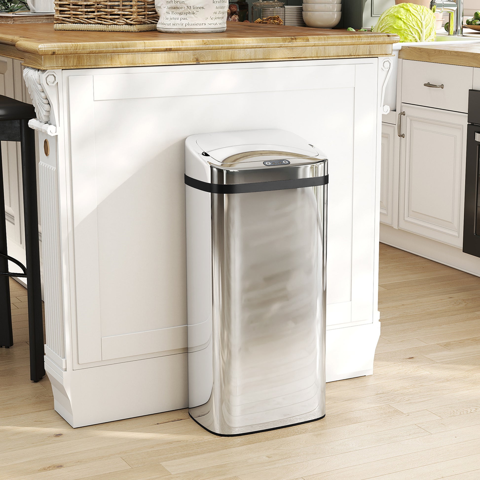 Bidone per Rifiuti da 40L con Sensore per Apertura e Chiusura Automatica 33x25x70 cm in ABS e Acciaio Inox Argento