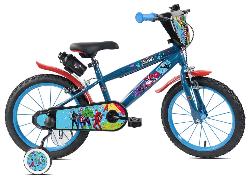 Bicicletta per Bambini 16" Marvel Avengers Freni Caliper e Stabilizzatori in Acciaio Hi-Ten Blu e Rosso