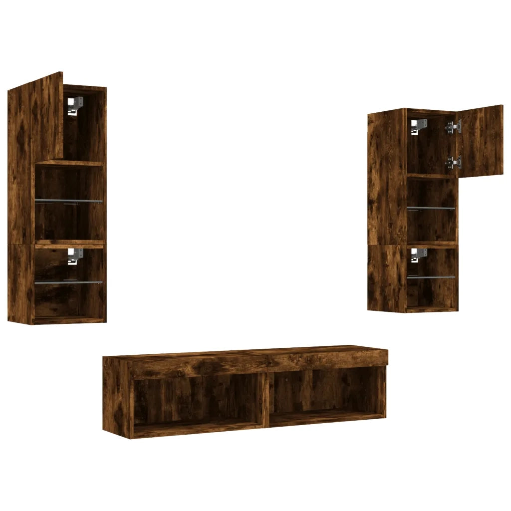 Mobili TV a Muro con LED 6pz Rovere Fumo in Legno Multistrato 3216619