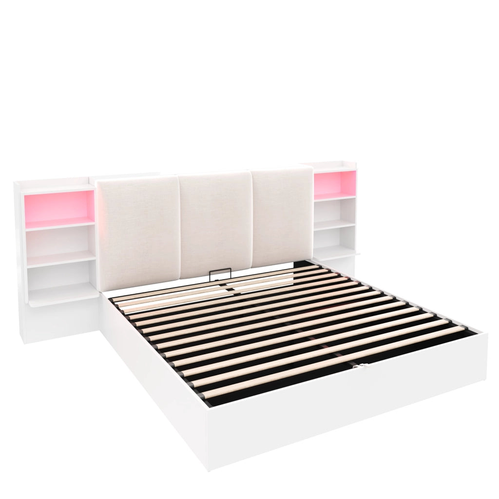 Letto Contenitore 180 x 200 cm - 6 Vani; LED Regolabile e Testiera Imbottita - Bianco