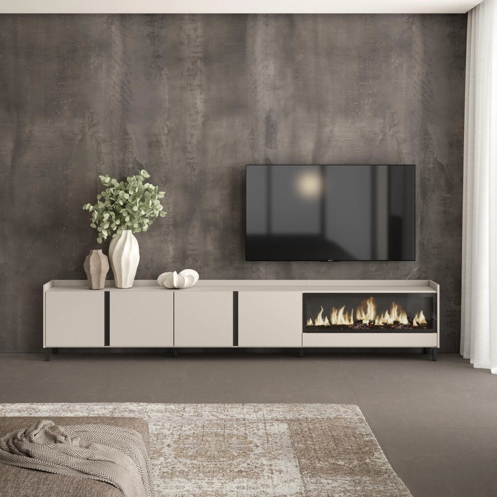 Mobile TV Soggiorno, 315x61x35 cm, Per TV fino a 80", Camino elettrico XXL, Design industriale, Beige
