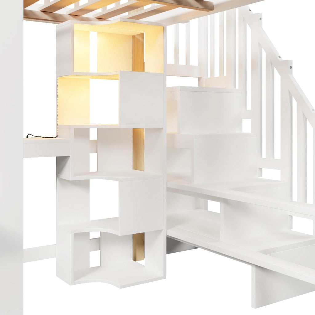HOCHBETT 140x200 cm con scrivania, LED, scala contenitore, bianco/naturale