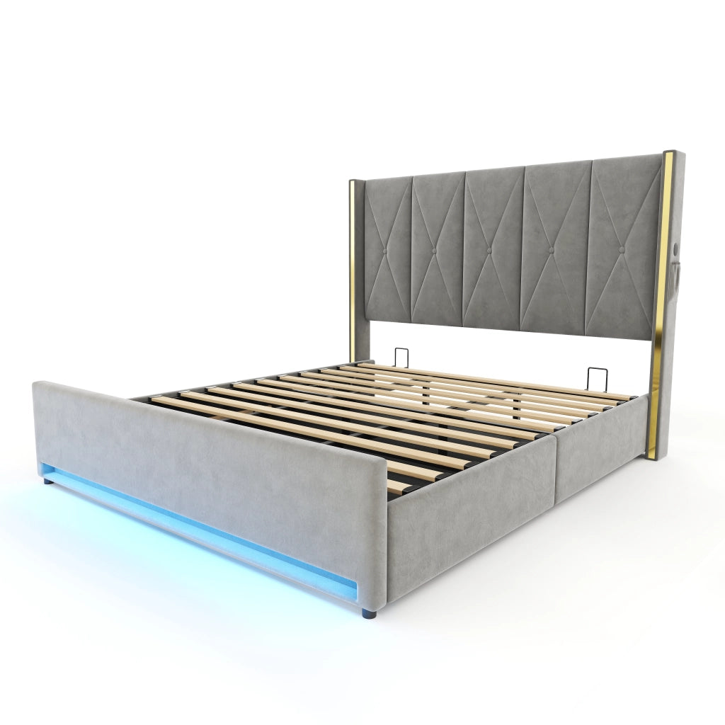 Letto Contenitore Imbottito con LED, USB e Idraulico ¨C MINIMAL ¨C Velluto, 180x200