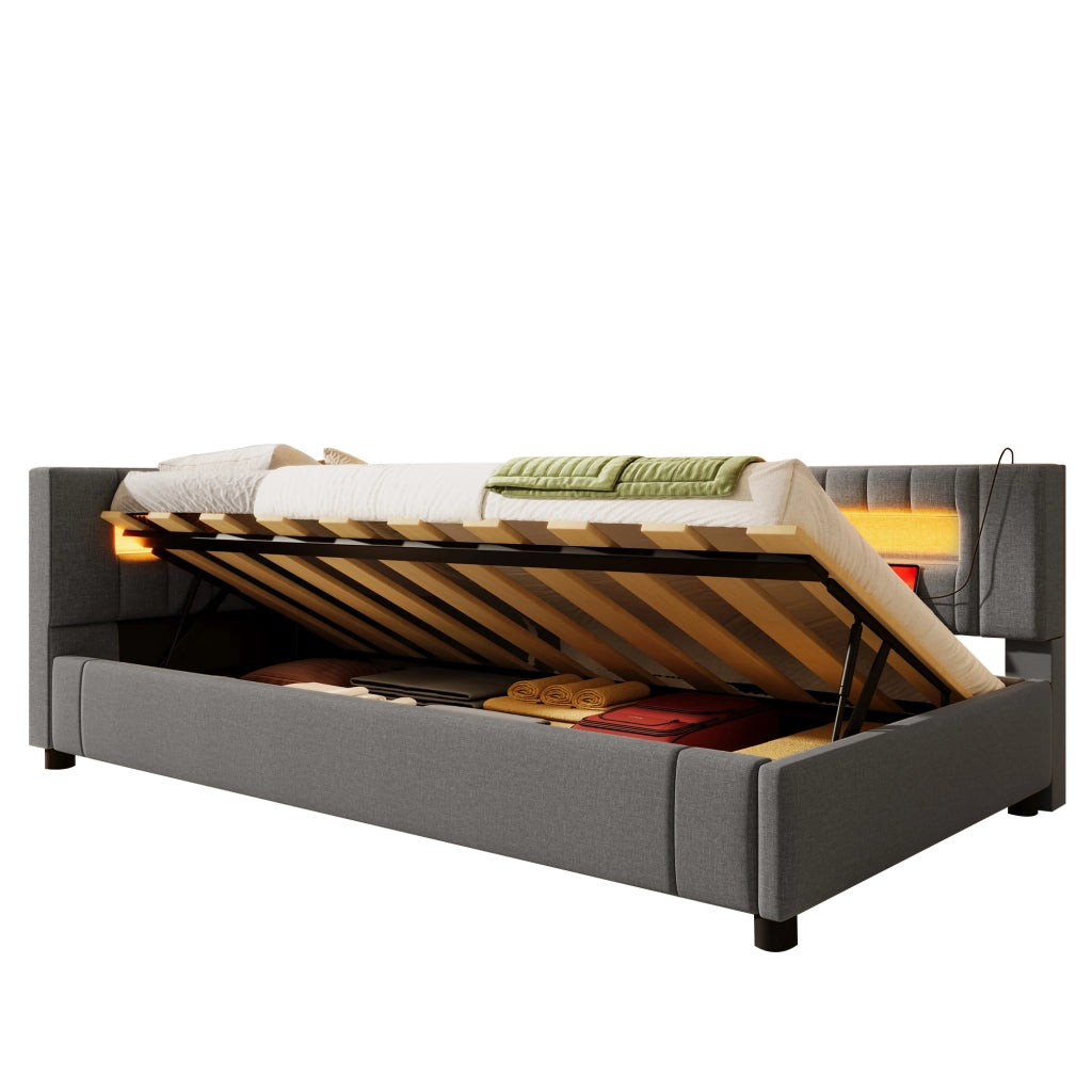 Daybed in lino grigio 90x200 LED a piè letto sollevamento idraulico USB/Type-C