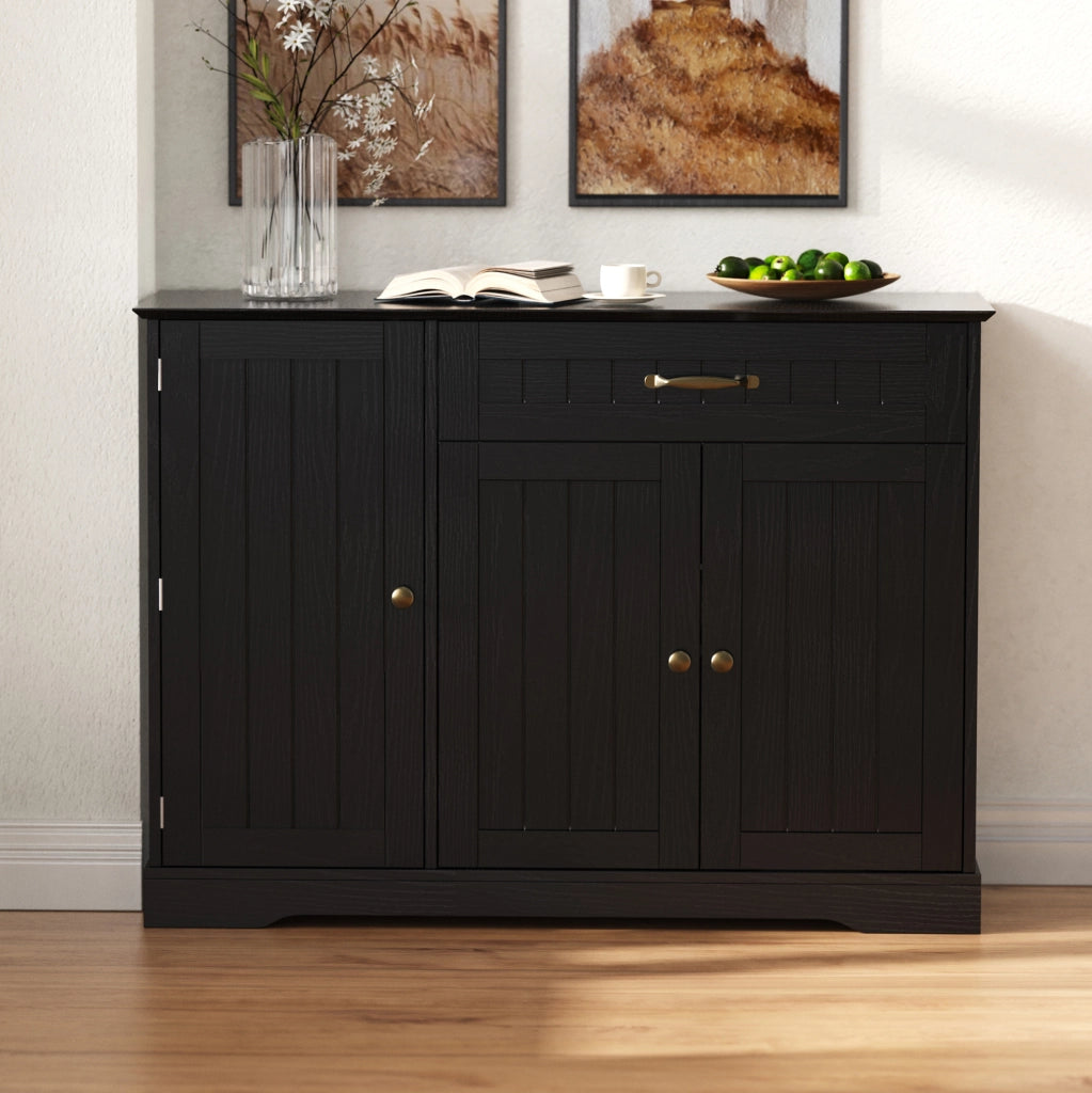 Credenza nera in MDF con 3 ante, cassetto e ripiani regolabili