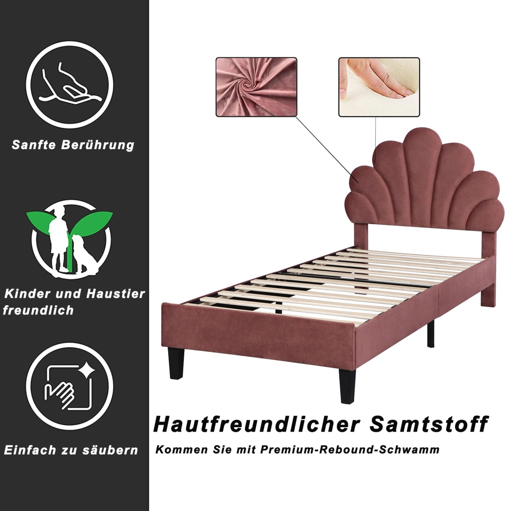 DESMIU Letto Singolo 1 Piazza con Testiera a Fiore e 12 Doghe, 90 × 200 cm, senza materasso, Velluto Rosso