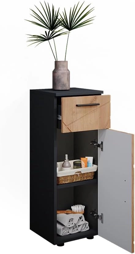 Mobiletto bagno Irma, Quercia dorata/antracite, 30 x 81 cm, per la conservazione in bagno, abbinabile alla serie Irma