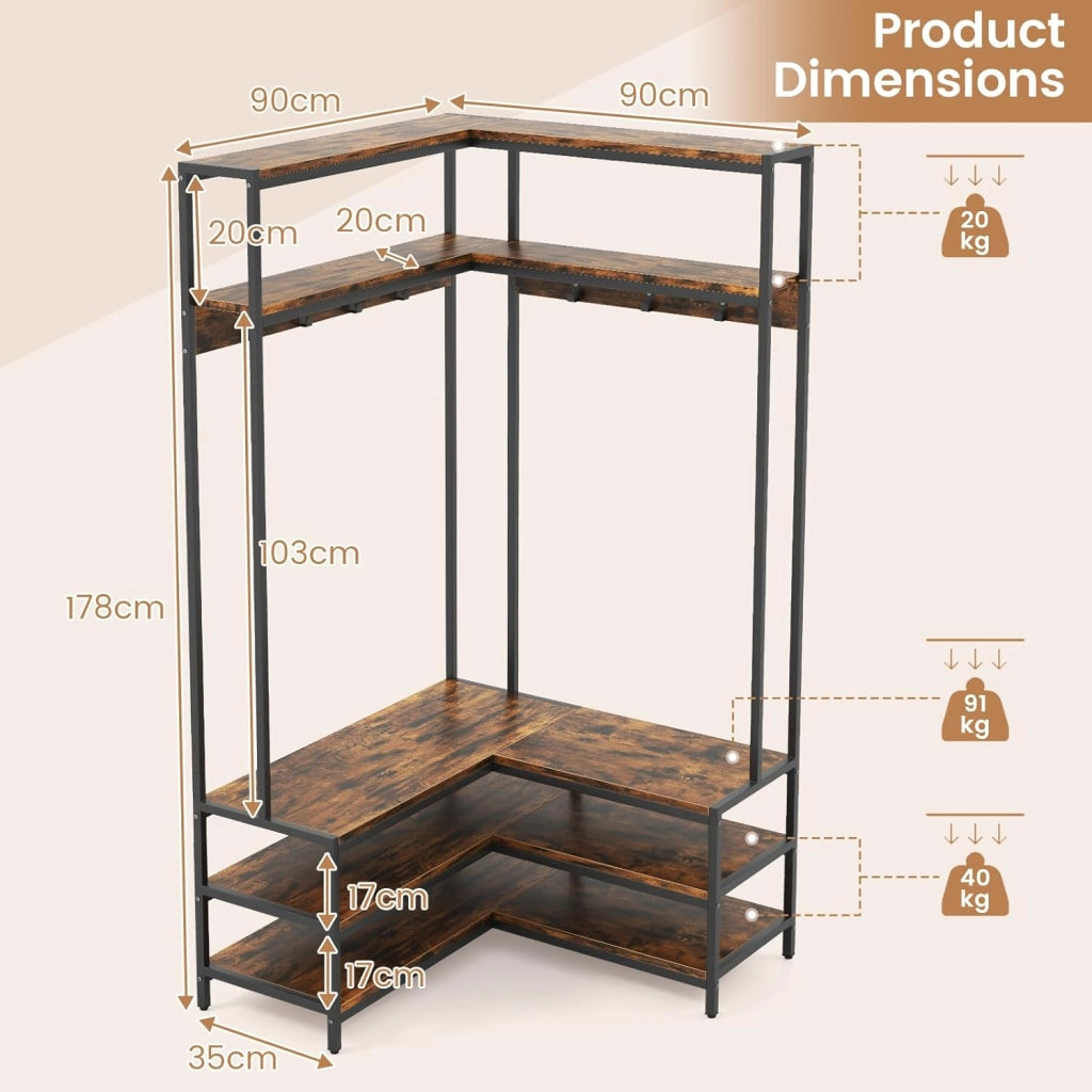 Appendiabiti da Terra a Forma di L, Mobile Ingresso con Scarpiera con Panchina, Ripiano e Gancio, Design Industriale per Angolo, 90 x 90 x 178 cm (Marrone)