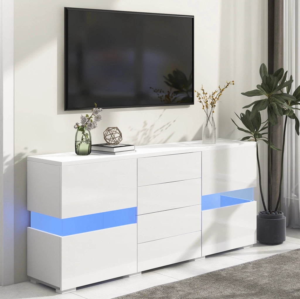 Credenza 140x35x72 cm bianca in MDF, 4 cassetti e LED controllati da app