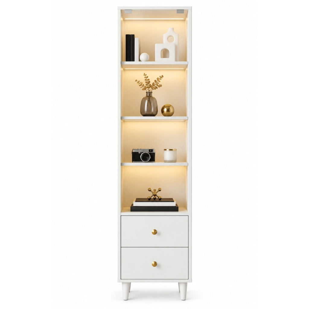 Vetrina bianca in MDF e vetro con illuminazione LED; 2 cassetti