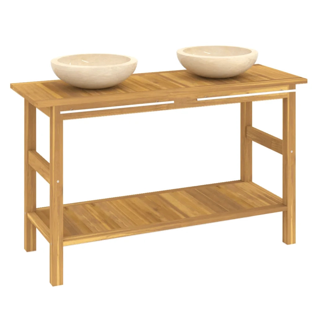 Mobile VanitÃ  Bagno e Lavandini Marmo Crema Legno Massello Teak cod mxl 69476