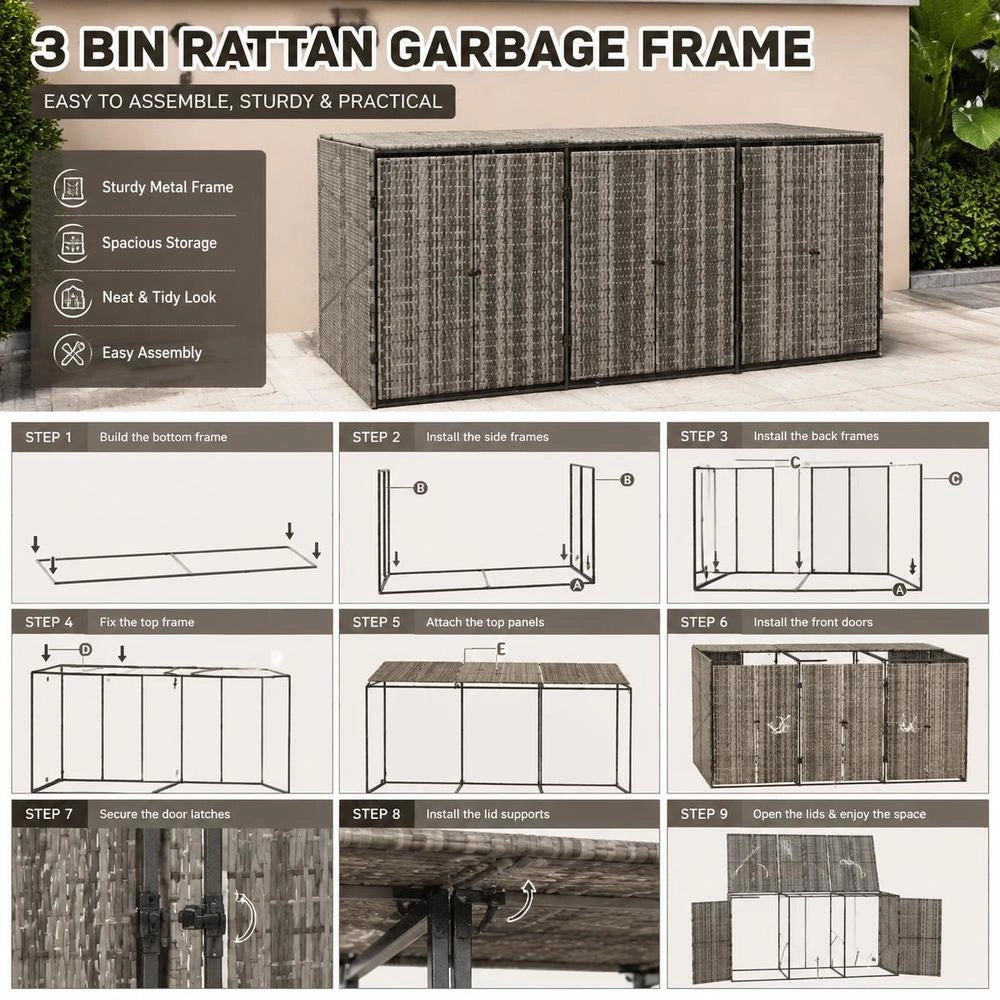 Bin Storage Unit For 3 Bins, Grey, 207x80x117 Cm, Poly Rattan