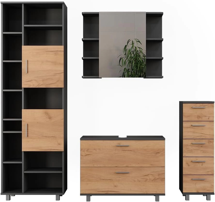 Set di mobili da bagno Ilias, Quercia dorata/antracite, 80.2 cm, composto da mobile lavabo, pensile a specchio, colonna e base media