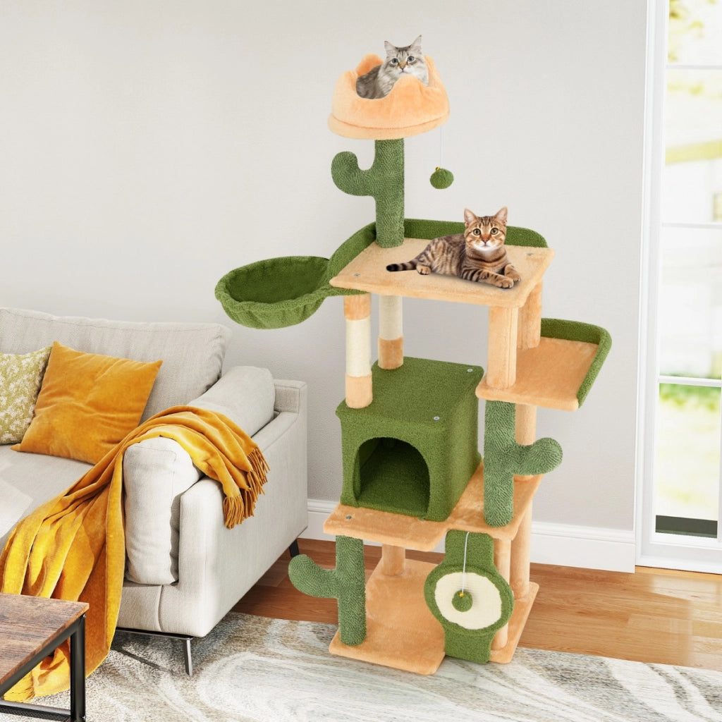 Albero per gatti cactus da 160 CM per gatti da interno, Torre per gatti multi-livello con pali per graffi in sisal