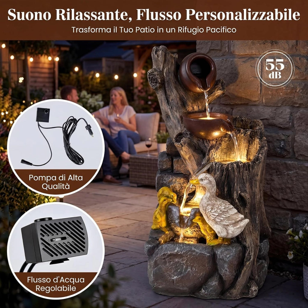 Fontana a Cascata da Esterno con Illuminazione LED e Pompa | Fontana da Giardino in Resina Effetto Pietra e Legno con Anatre per Cortile e Salotto 30 x 27 x 57 cm