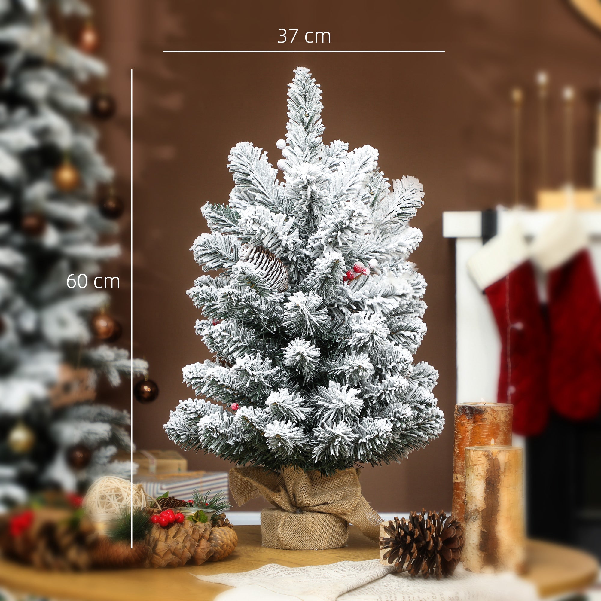 Albero di Natale Mini Innevato 60 cm con Pigne e Bacche Rosse per Interni
