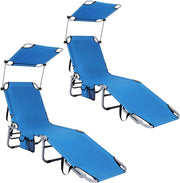 Set di 2 sedie a sdraio con tetto, sdraio da giardino, pieghevole, sdraio da campeggio, schienale regolabile, sedia a sdraio con tasca laterale, lettino da viaggio, portata fino a 150 kg (blu)
