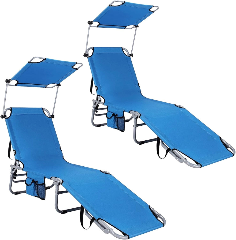 Set di 2 sedie a sdraio con tetto, sdraio da giardino, pieghevole, sdraio da campeggio, schienale regolabile, sedia a sdraio con tasca laterale, lettino da viaggio, portata fino a 150 kg (blu)