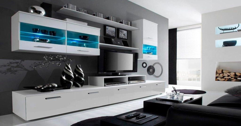 Mobile TV 250x42x194cm Parete da Soggiorno e pranzo contemporaneo colore Bianco Mate e Bianco Laccato  RF546