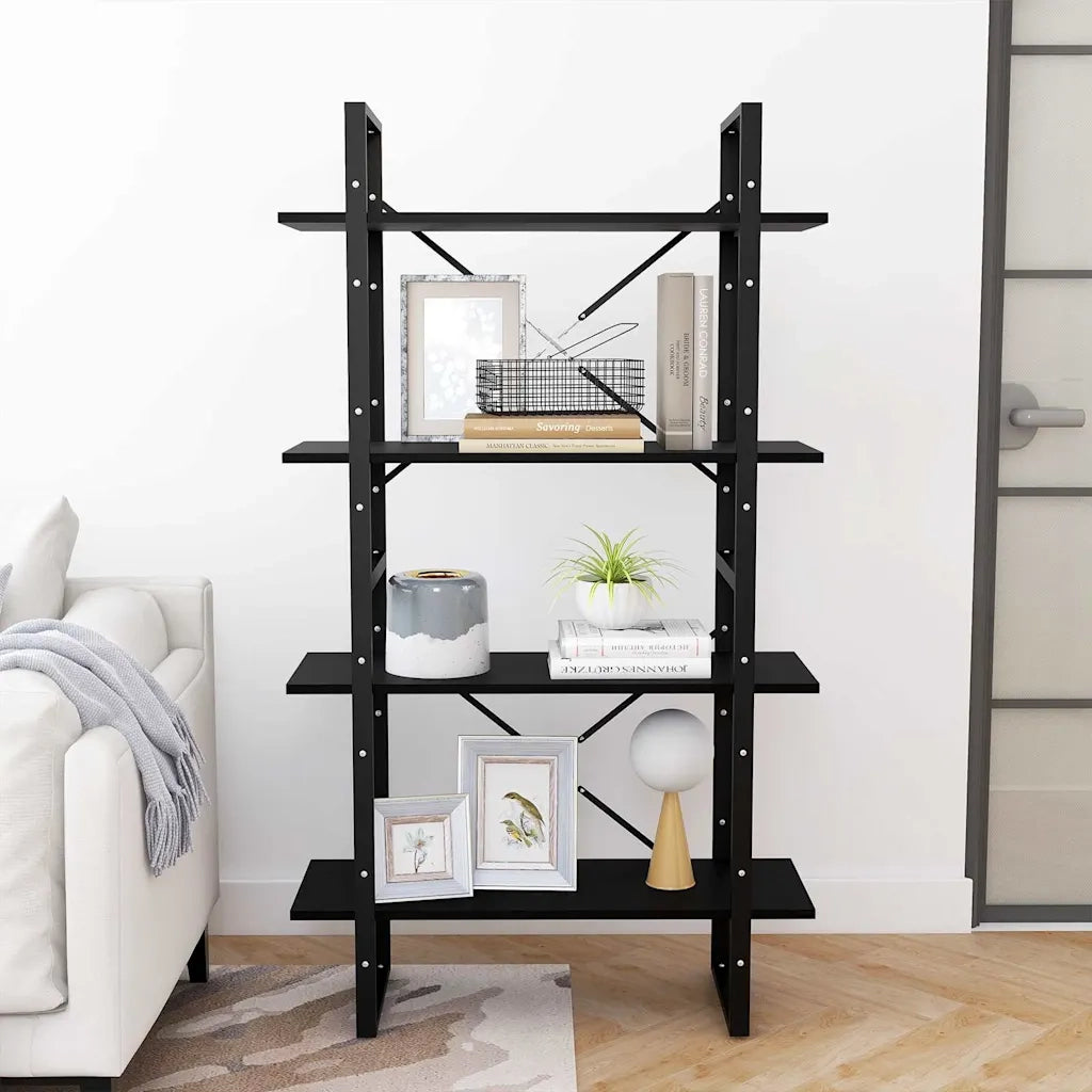 Libreria a 4 Ripiani-Scaffale per Libri-Mobile di Stoccaggio Nera 80x30x140 cm in Massello di Pino
